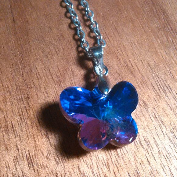 Magic Color Crystal Butterfly Brass Pendant Stainless Steel Necklace - Picture 1 of 16